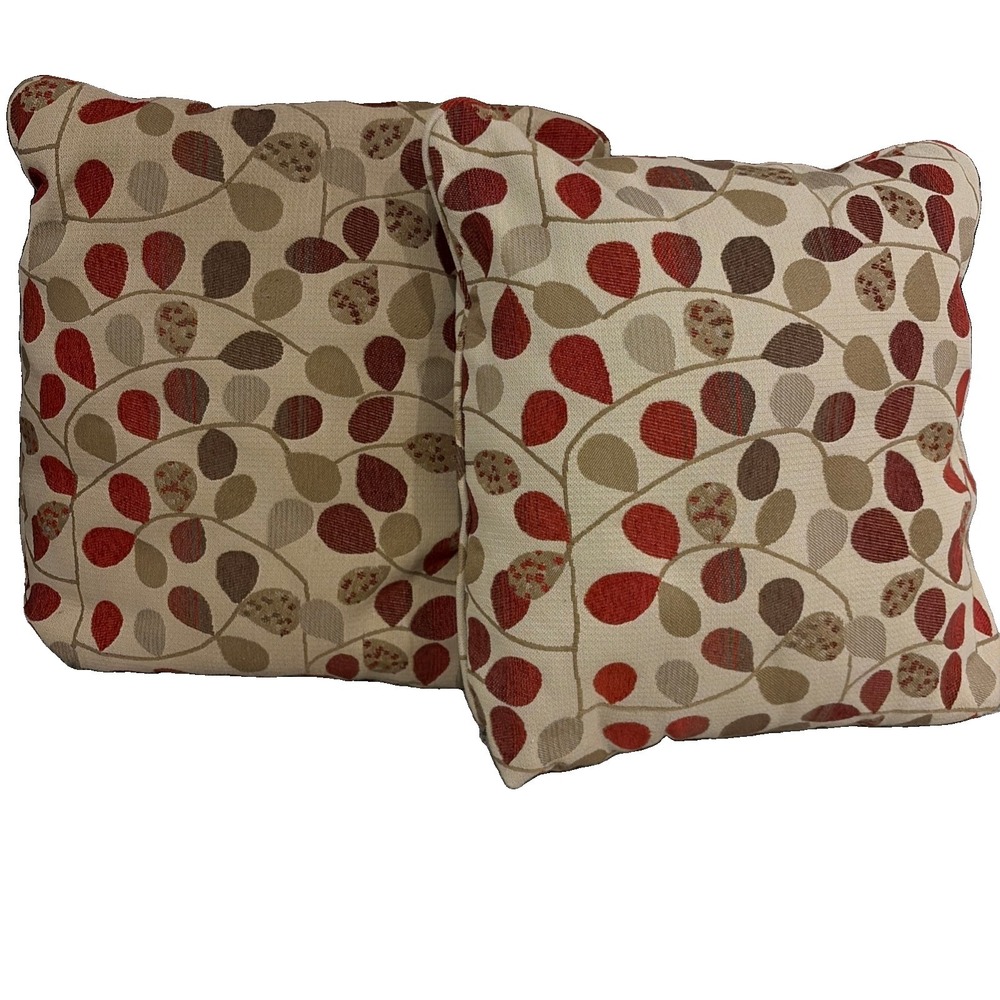 Pair of Fall Maroon And Beige Abstract Leaf Print Decorative Pillows 20 x 20